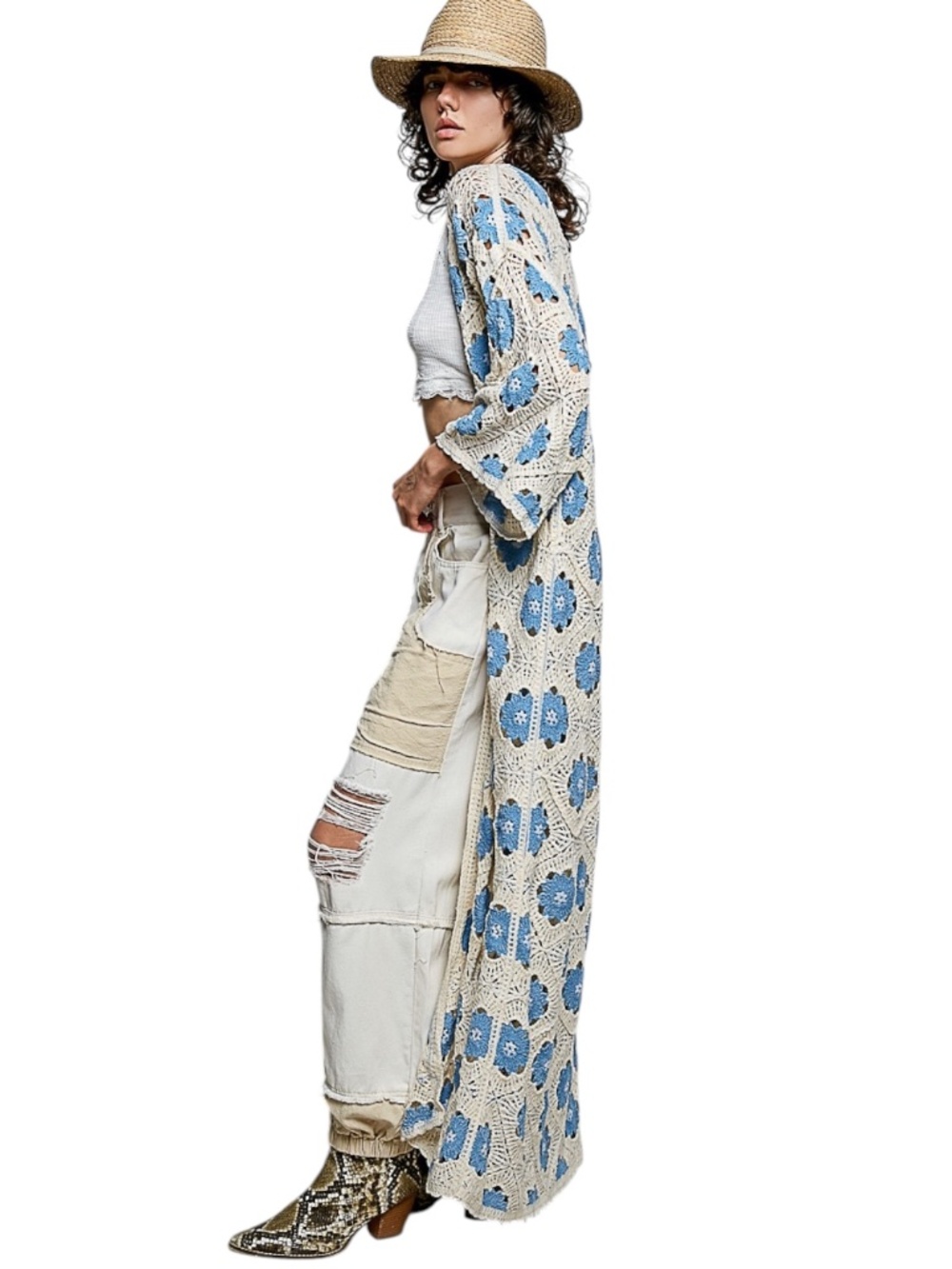 NEW POL Floral BOHO Crochet Cardigan Coverup Flowered maxi jacket O/S S M L